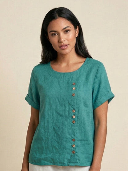 Sierra | Women's Relaxed Scoop Neck Button Detail Short Sleeve Top