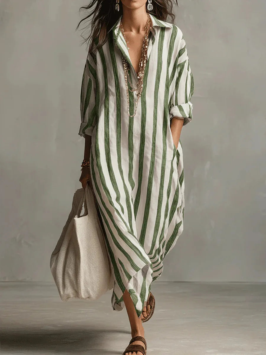 Hazel | Women's Striped Full Sleeve Maxi Button-Up Dress
