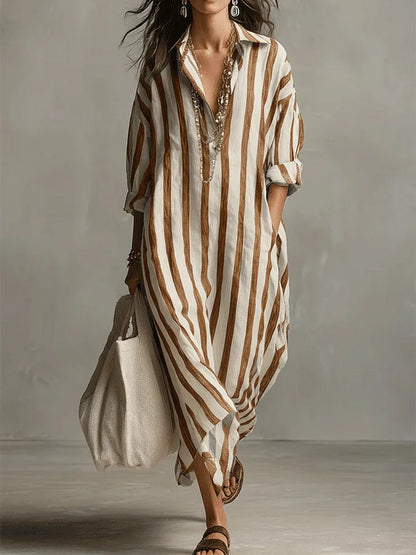 Hazel | Women's Striped Full Sleeve Maxi Button-Up Dress