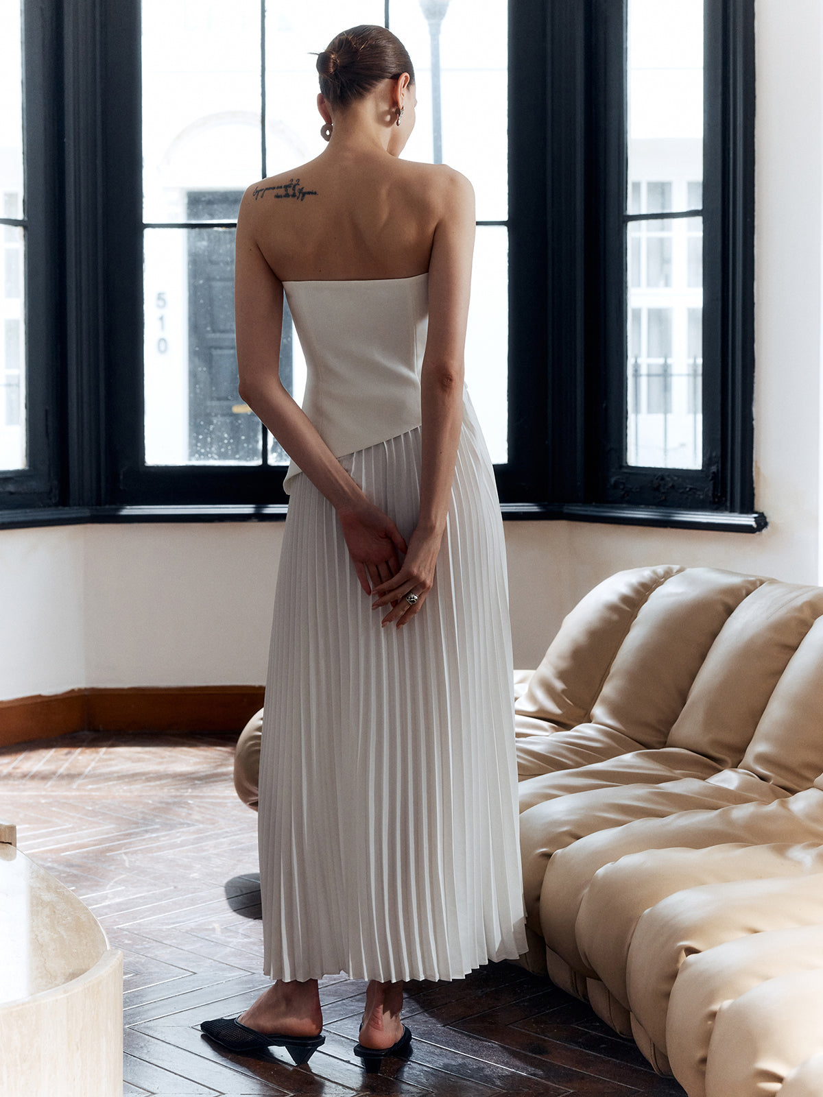Evelyn | Women's Strapless Pleated Maxi Dress with Side Split