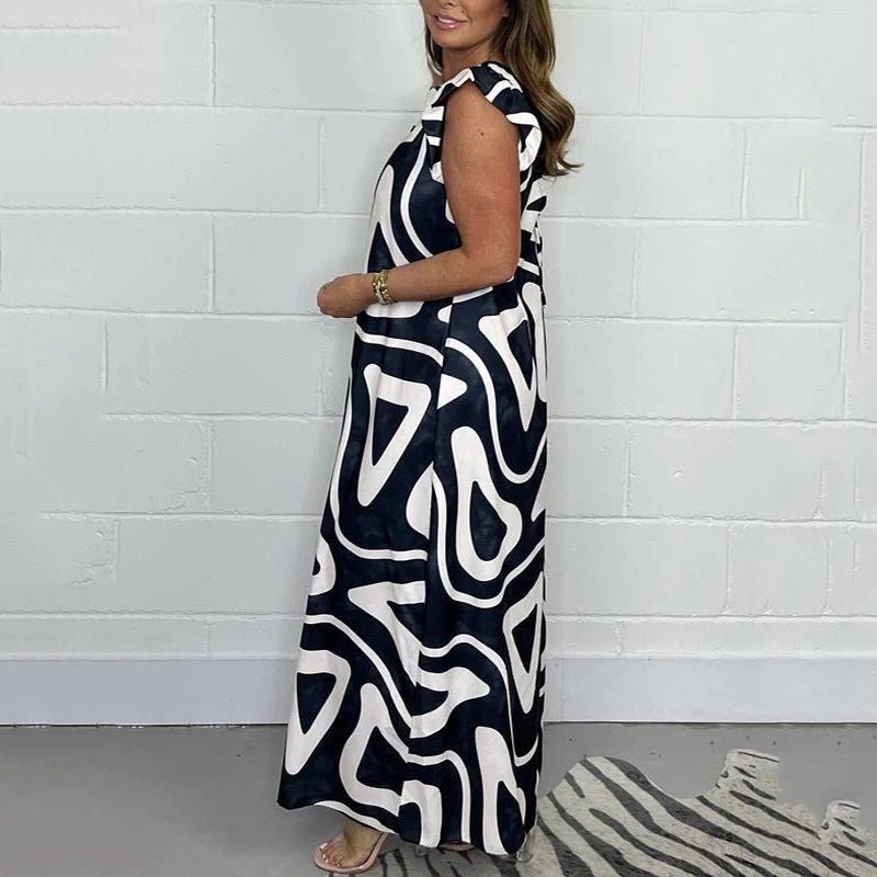 Sofia | Women's Abstract Print V-Neck Ruffle Sleeve Wide-Leg Jumpsuit