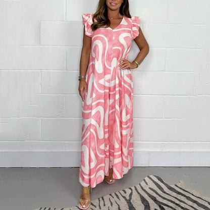 Sofia | Women's Abstract Print V-Neck Ruffle Sleeve Wide-Leg Jumpsuit