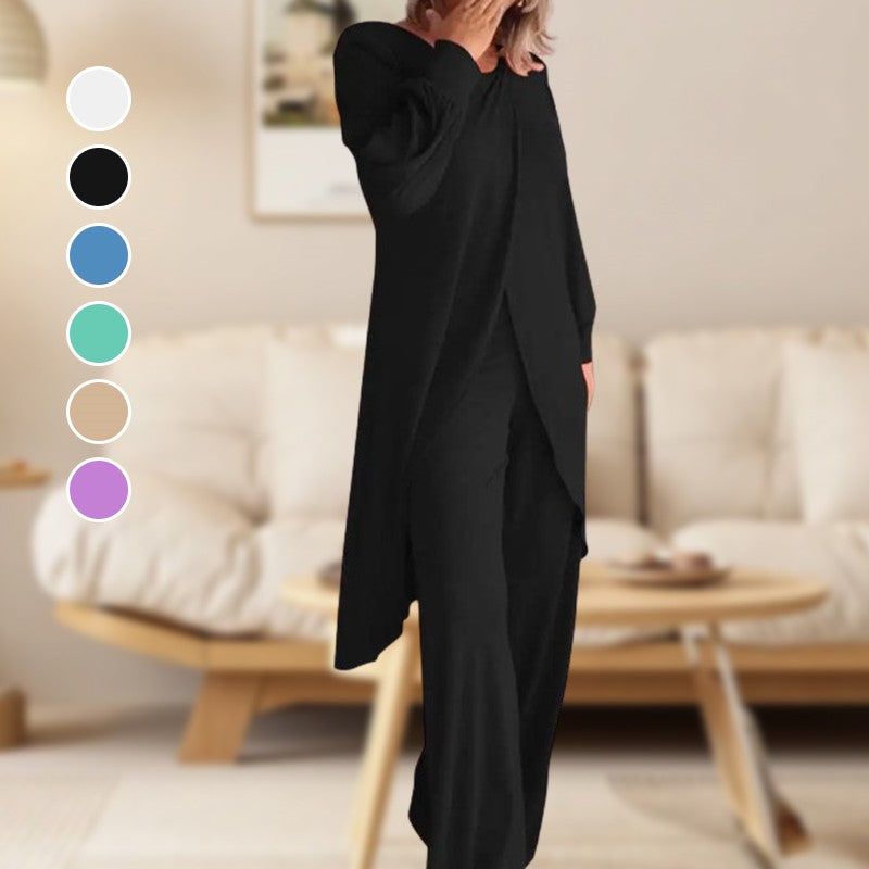 Simone | Women's Two Piece Set Long Sleeve Tunic Top Wide Leg Pants