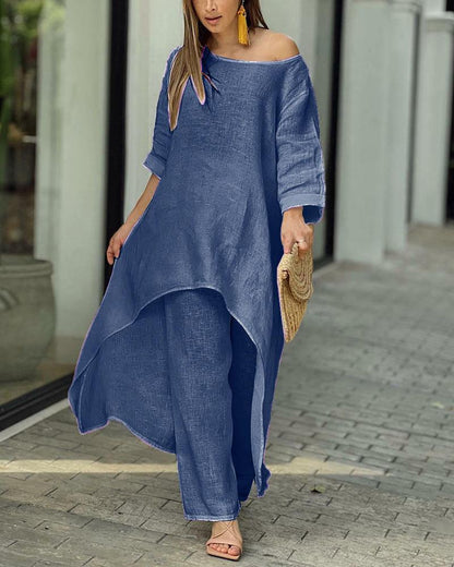 Claudia | Women's Two Piece Set Longline Tunic Wide Leg Pants