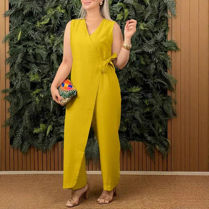 Melody | Women's Wrap V-Neck No-Sleeve Wide-Leg Jumpsuit Belted