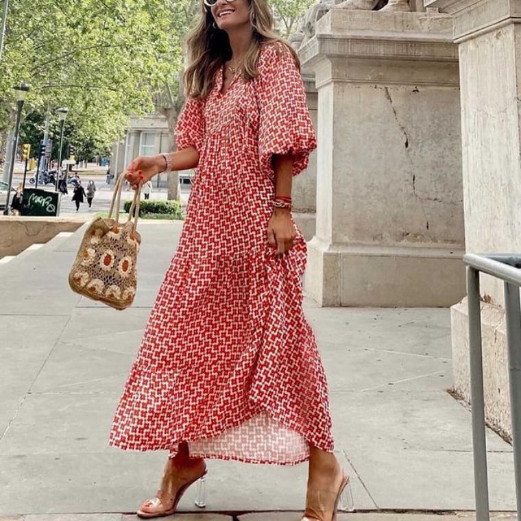 Lindsay | Women's Puff Sleeve V-Neck Bohemian Printed Maxi Dress