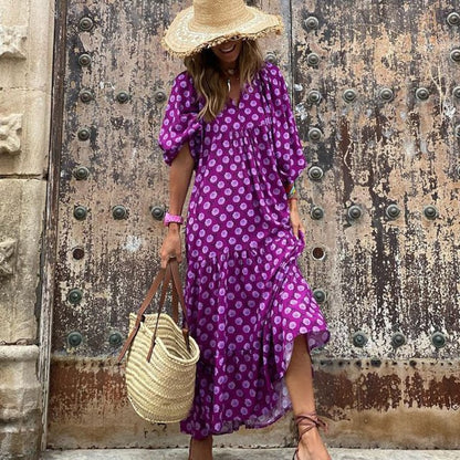 Lindsay | Women's Puff Sleeve V-Neck Bohemian Printed Maxi Dress