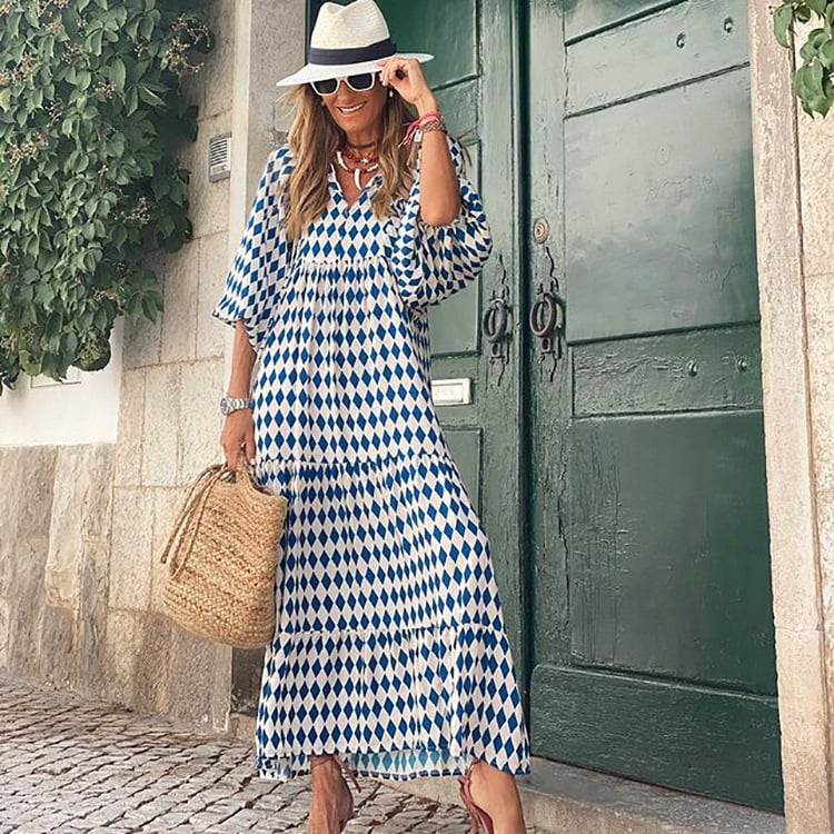 Lindsay | Women's Puff Sleeve V-Neck Bohemian Printed Maxi Dress