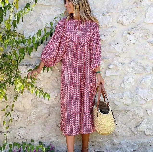 Lindsay | Women's Puff Sleeve V-Neck Bohemian Printed Maxi Dress