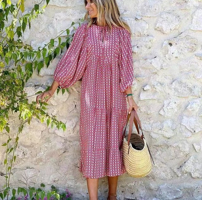 Lindsay | Women's Puff Sleeve V-Neck Bohemian Printed Maxi Dress
