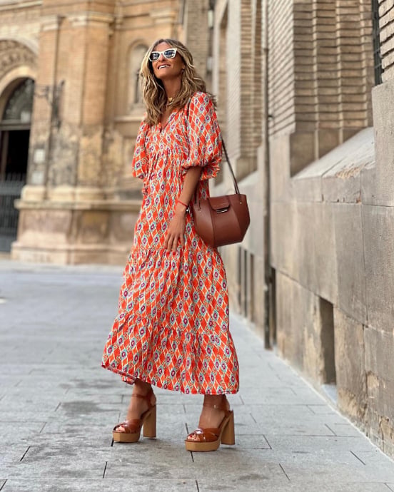 Lindsay | Women's Puff Sleeve V-Neck Bohemian Printed Maxi Dress