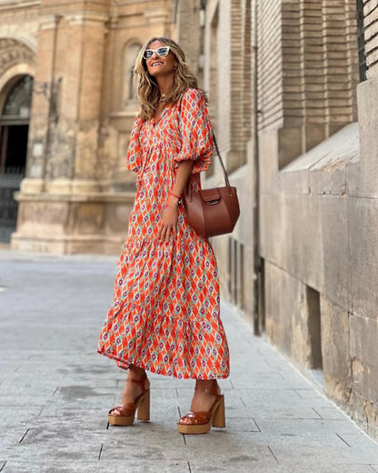 Lindsay | Women's Puff Sleeve V-Neck Bohemian Printed Maxi Dress