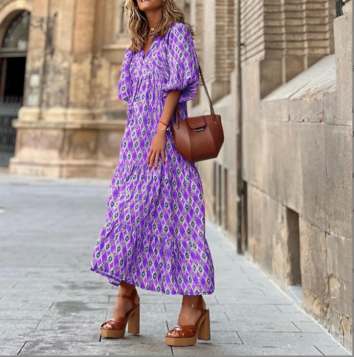 Lindsay | Women's Puff Sleeve V-Neck Bohemian Printed Maxi Dress
