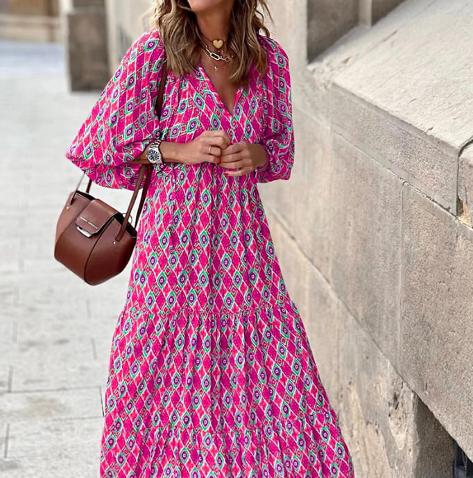 Lindsay | Women's Puff Sleeve V-Neck Bohemian Printed Maxi Dress
