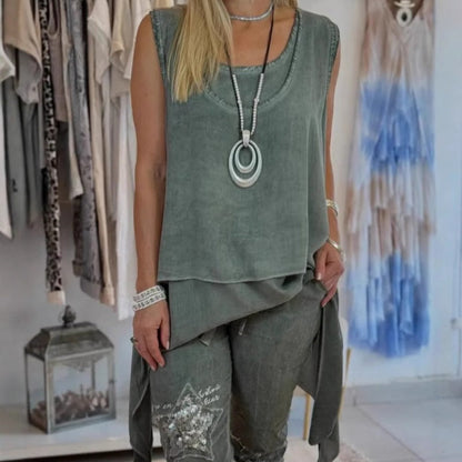 Alyssa | Women's Two Piece Set Sleeveless Asymmetric Top Botanical Pants