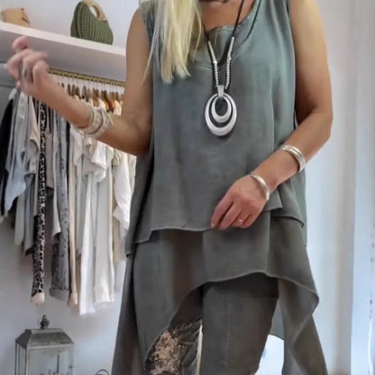 Alyssa | Women's Two Piece Set Sleeveless Asymmetric Top Botanical Pants