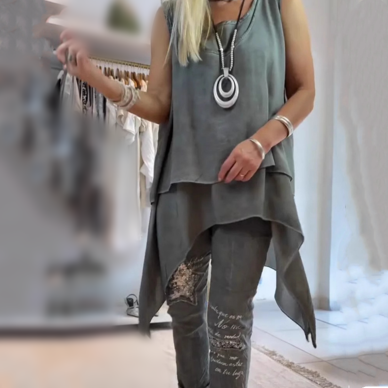 Alyssa | Women's Two Piece Set Sleeveless Asymmetric Top Botanical Pants