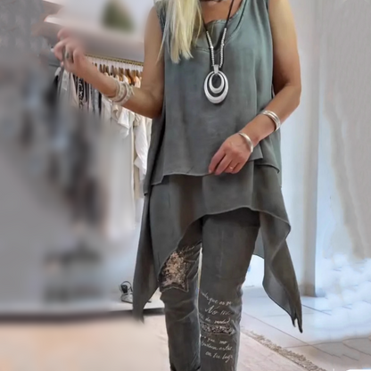 Alyssa | Women's Two Piece Set Sleeveless Asymmetric Top Botanical Pants