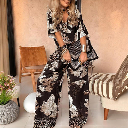 Brianna | Printed V-Neck Top & Long Pants Set