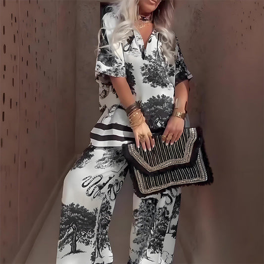 Brianna | Printed V-Neck Top & Long Pants Set