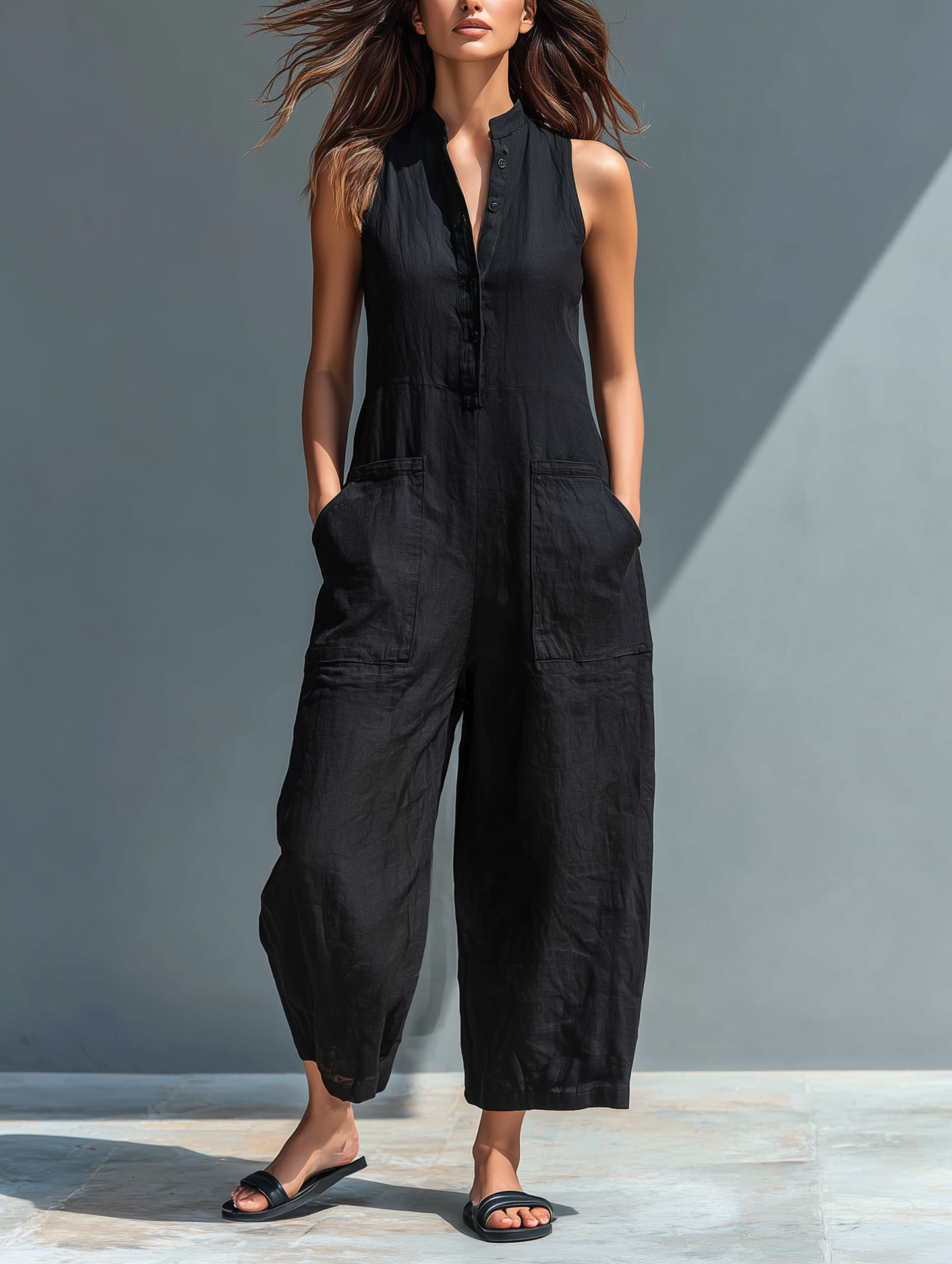 Leah | Women's No-Sleeve Mandarin Collar Jumpsuit