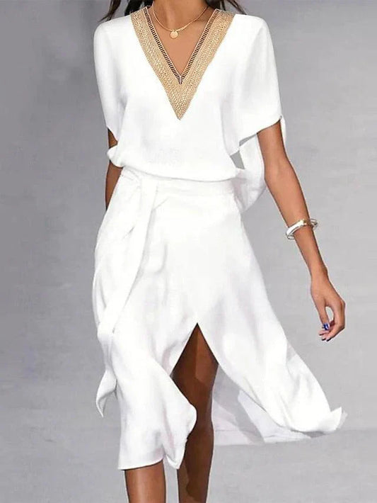 Valentina | Women's White Mid-Length Dress V-Neck Gold Trim Short-Sleeved