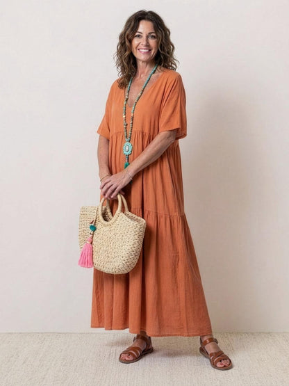 Marlowe | Women's V-Neck Tiered Maxi Swing Dress with Short Sleeves