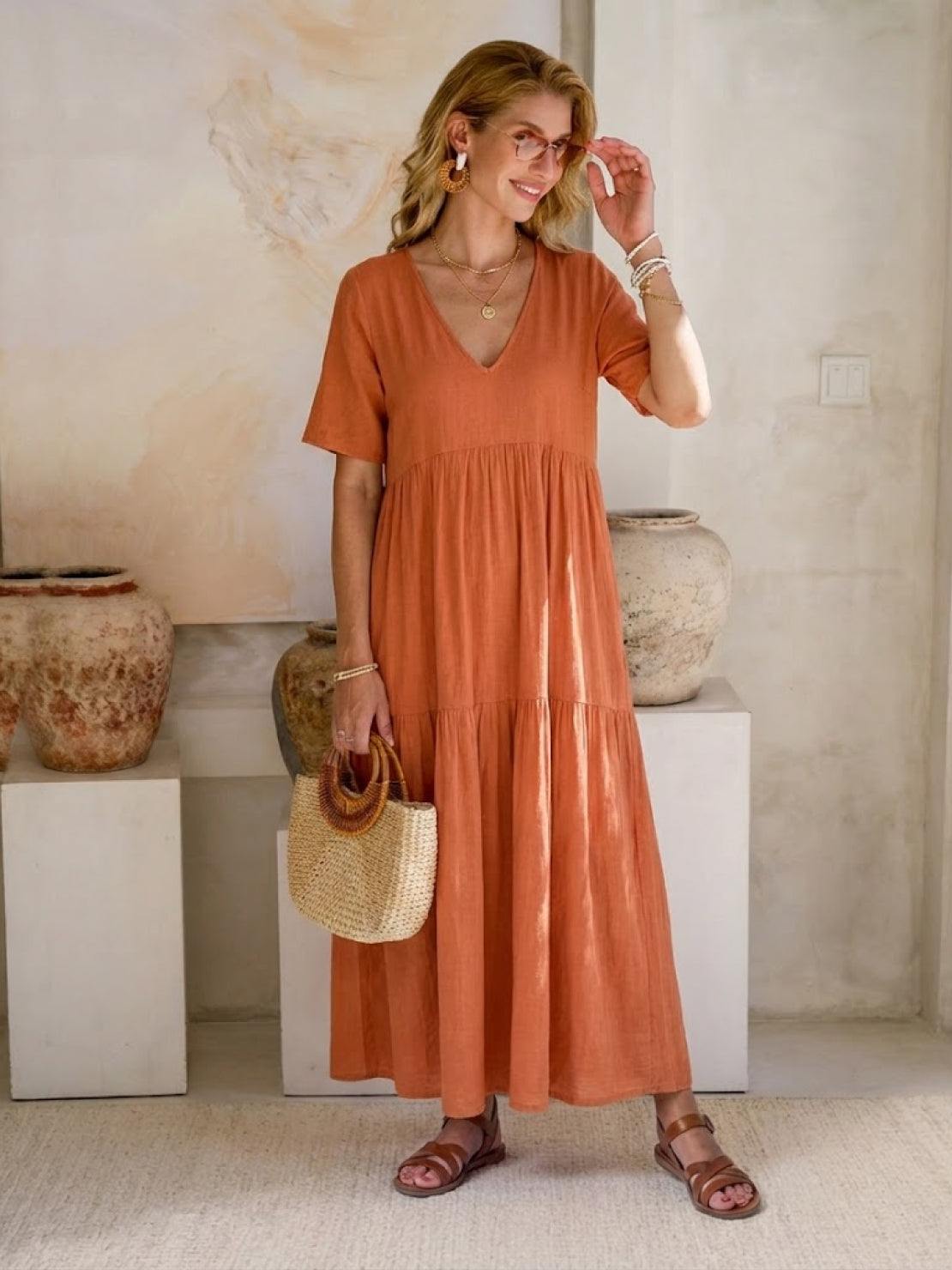 Marlowe | Women's V-Neck Tiered Maxi Swing Dress with Short Sleeves