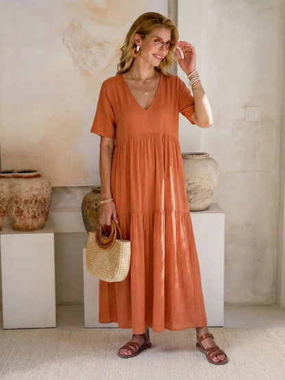 Marlowe | Women's V-Neck Tiered Maxi Swing Dress with Short Sleeves