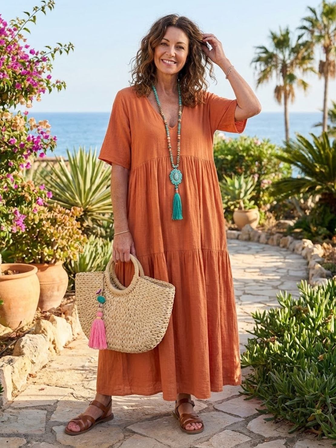 Marlowe | Women's V-Neck Tiered Maxi Swing Dress with Short Sleeves
