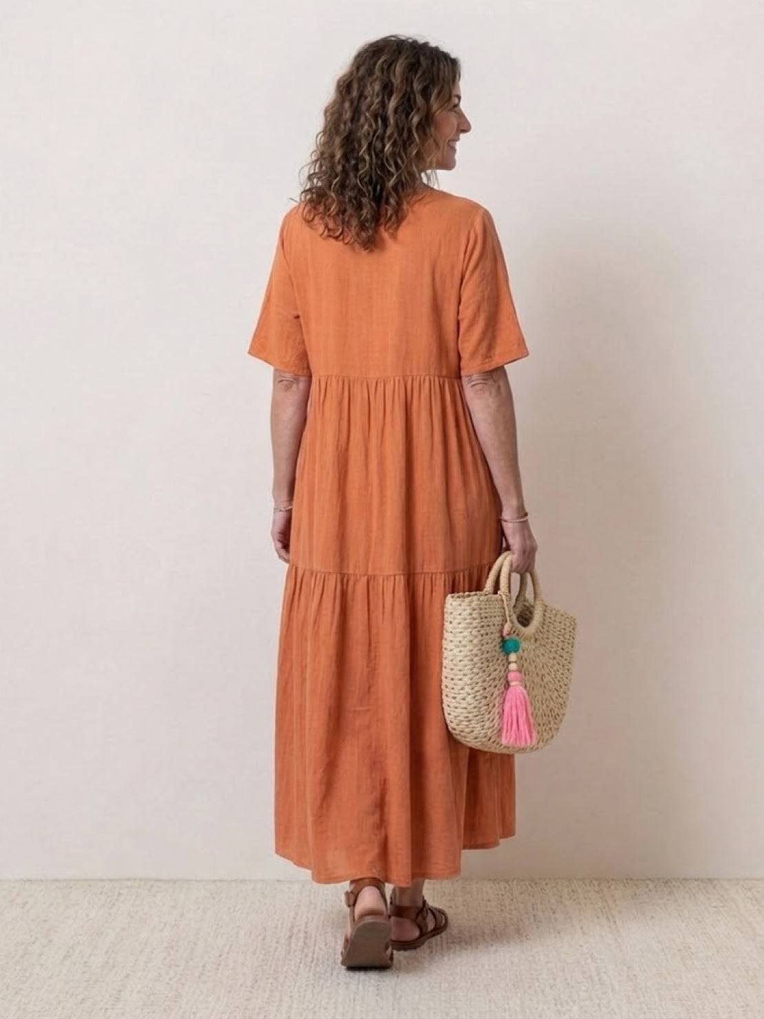 Marlowe | Women's V-Neck Tiered Maxi Swing Dress with Short Sleeves