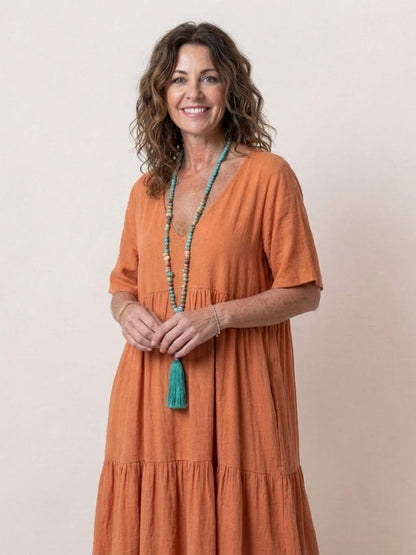 Marlowe | Women's V-Neck Tiered Maxi Swing Dress with Short Sleeves