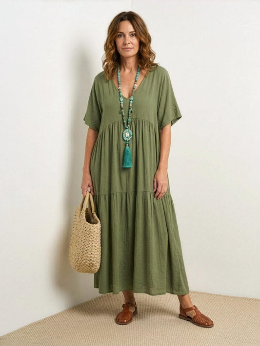 Marlowe | Women's V-Neck Tiered Maxi Swing Dress with Short Sleeves