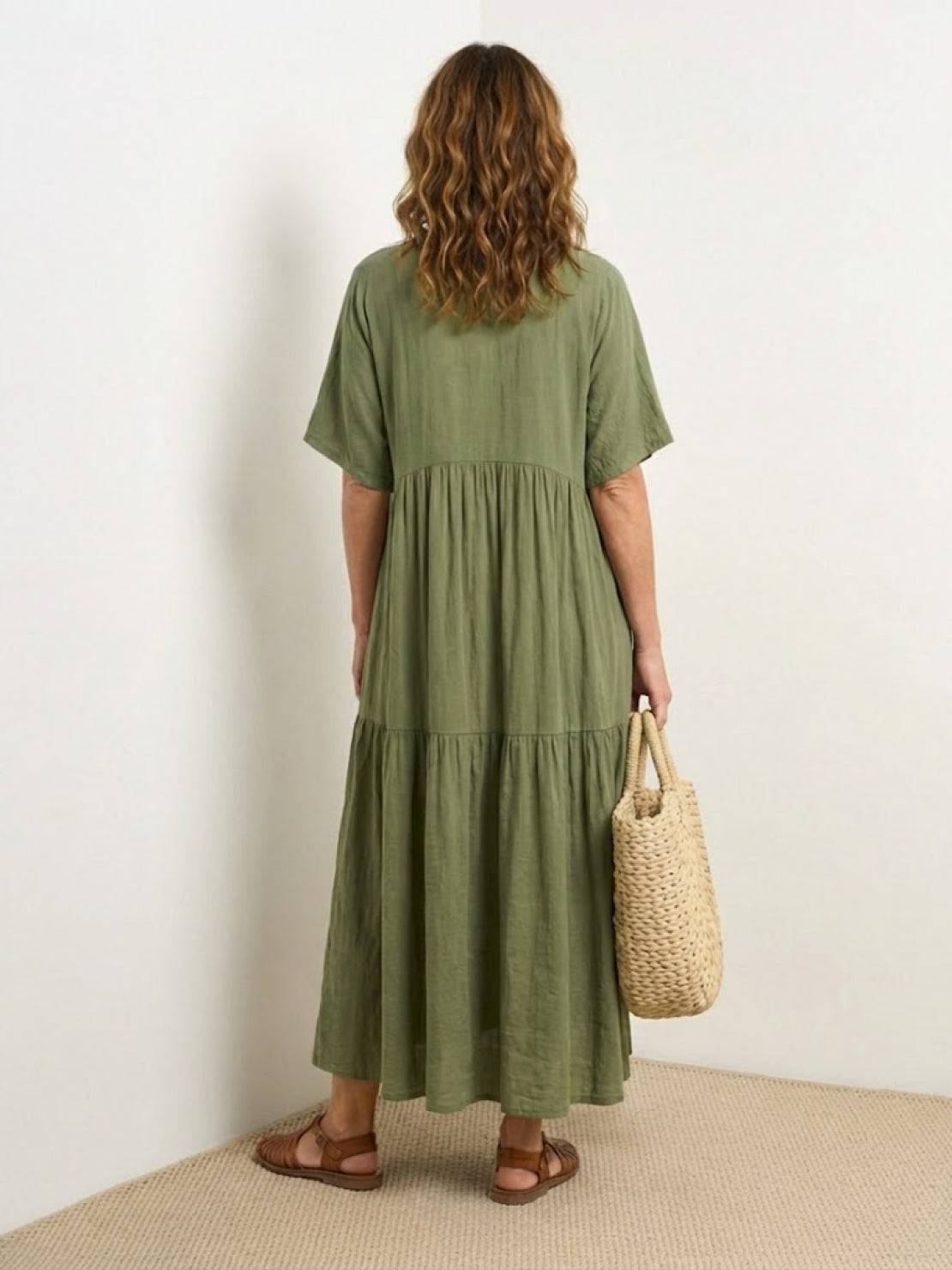 Marlowe | Women's V-Neck Tiered Maxi Swing Dress with Short Sleeves
