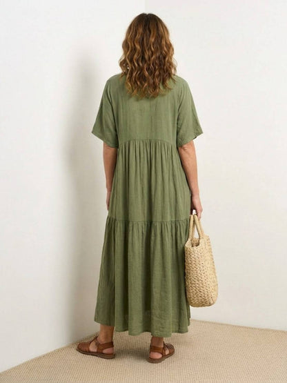 Marlowe | Women's V-Neck Tiered Maxi Swing Dress with Short Sleeves