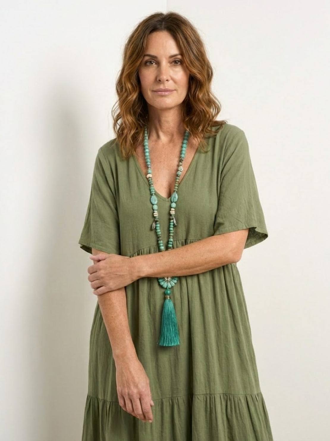 Marlowe | Women's V-Neck Tiered Maxi Swing Dress with Short Sleeves