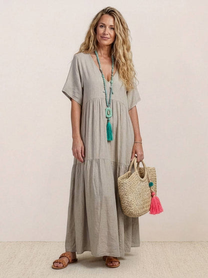 Marlowe | Women's V-Neck Tiered Maxi Swing Dress with Short Sleeves