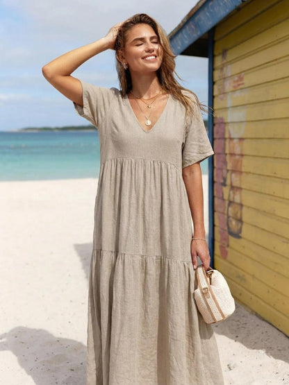 Marlowe | Women's V-Neck Tiered Maxi Swing Dress with Short Sleeves