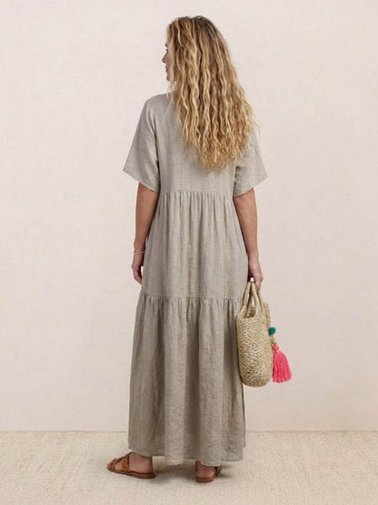 Marlowe | Women's V-Neck Tiered Maxi Swing Dress with Short Sleeves