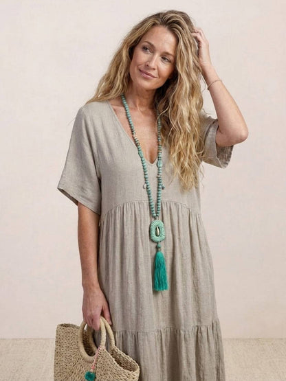 Marlowe | Women's V-Neck Tiered Maxi Swing Dress with Short Sleeves