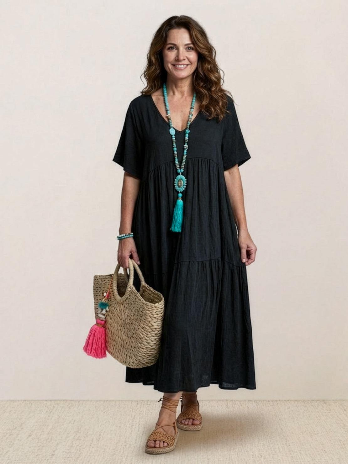 Marlowe | Women's V-Neck Tiered Maxi Swing Dress with Short Sleeves