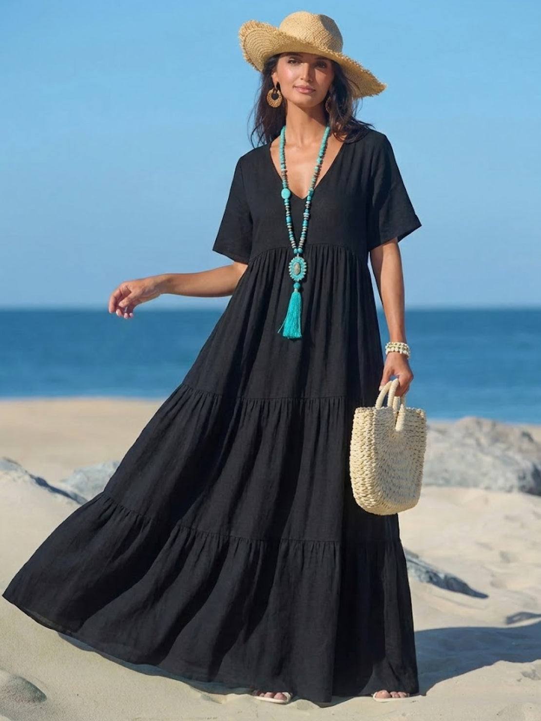 Marlowe | Women's V-Neck Tiered Maxi Swing Dress with Short Sleeves