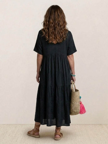 Marlowe | Women's V-Neck Tiered Maxi Swing Dress with Short Sleeves