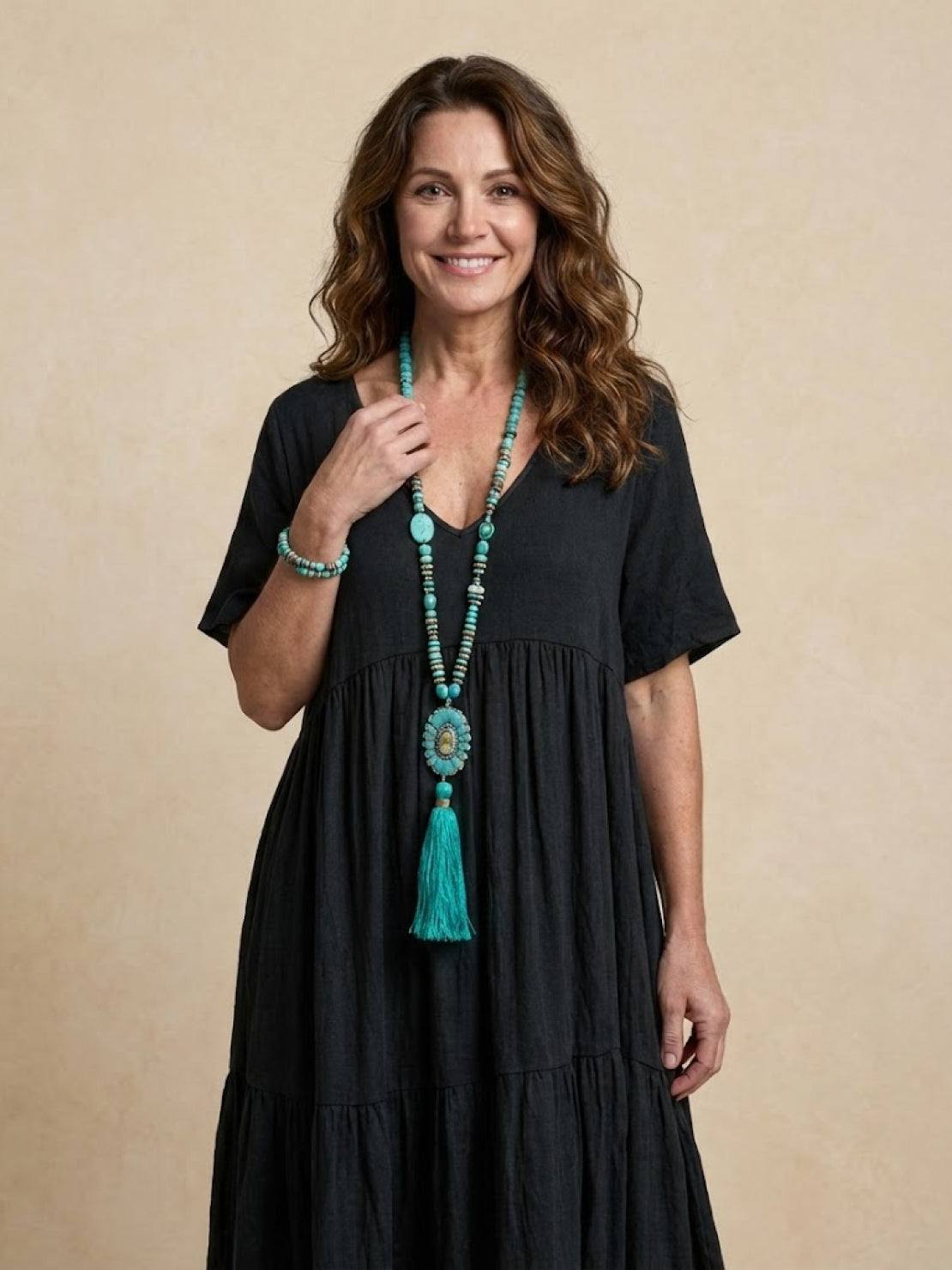 Marlowe | Women's V-Neck Tiered Maxi Swing Dress with Short Sleeves