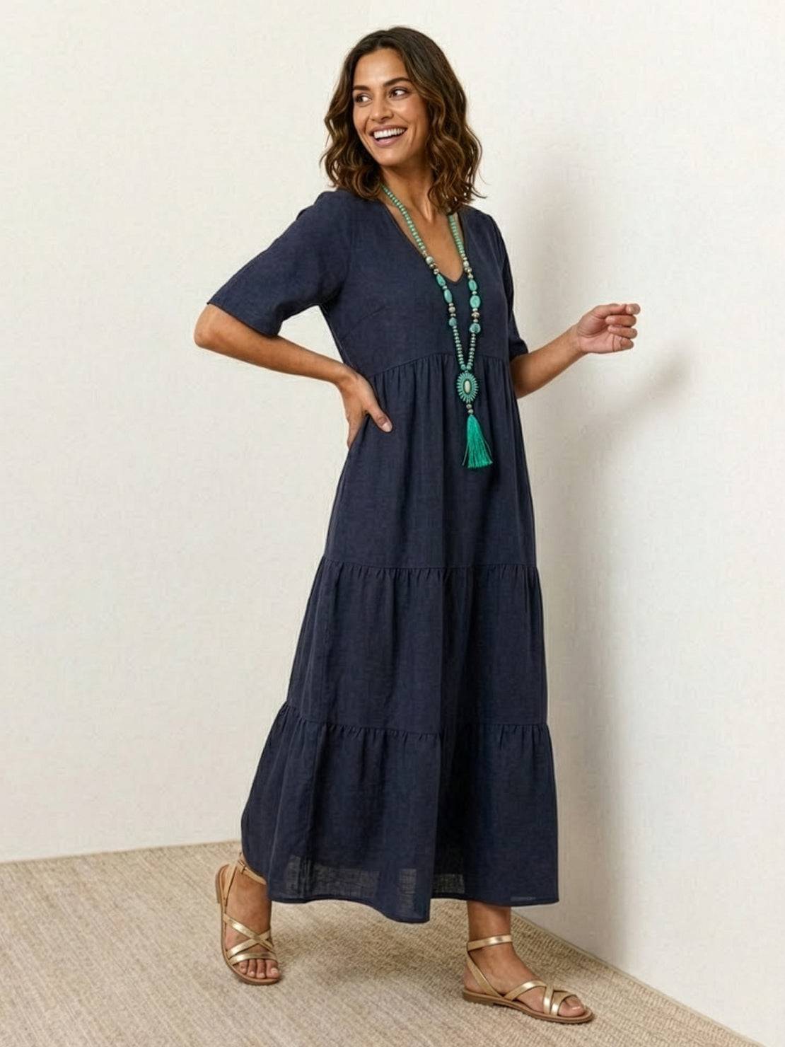 Marlowe | Women's V-Neck Tiered Maxi Swing Dress with Short Sleeves