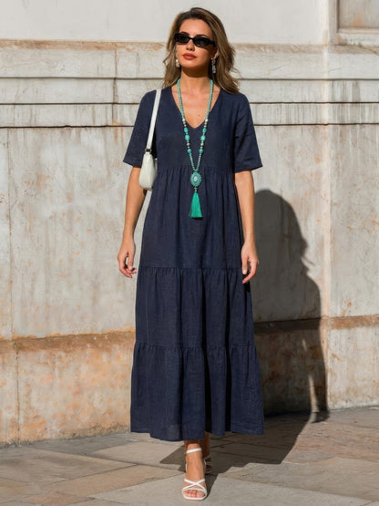Marlowe | Women's V-Neck Tiered Maxi Swing Dress with Short Sleeves