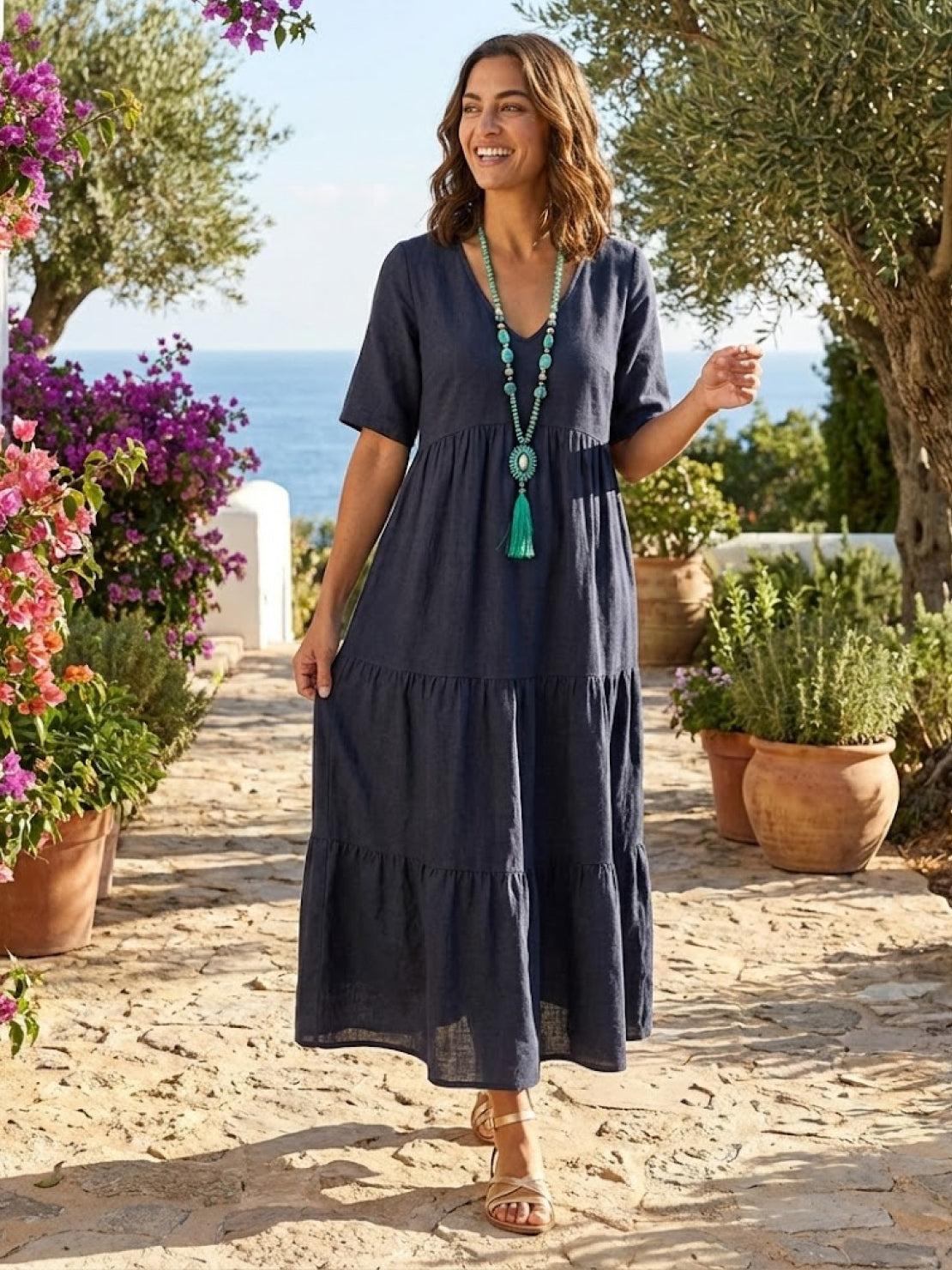 Marlowe | Women's V-Neck Tiered Maxi Swing Dress with Short Sleeves
