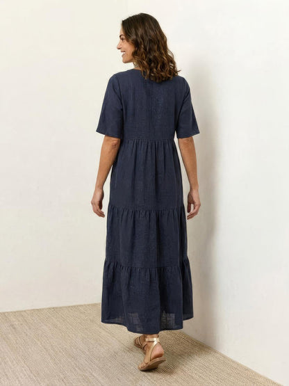 Marlowe | Women's V-Neck Tiered Maxi Swing Dress with Short Sleeves