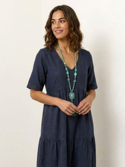 Marlowe | Women's V-Neck Tiered Maxi Swing Dress with Short Sleeves