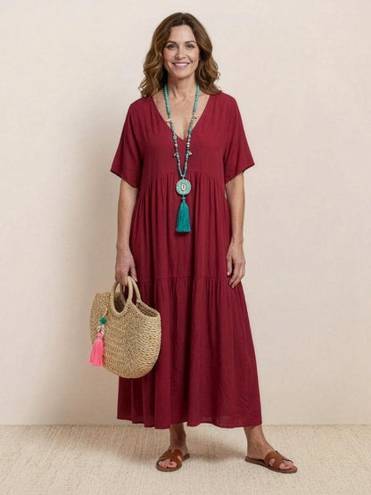 Marlowe | Women's V-Neck Tiered Maxi Swing Dress with Short Sleeves